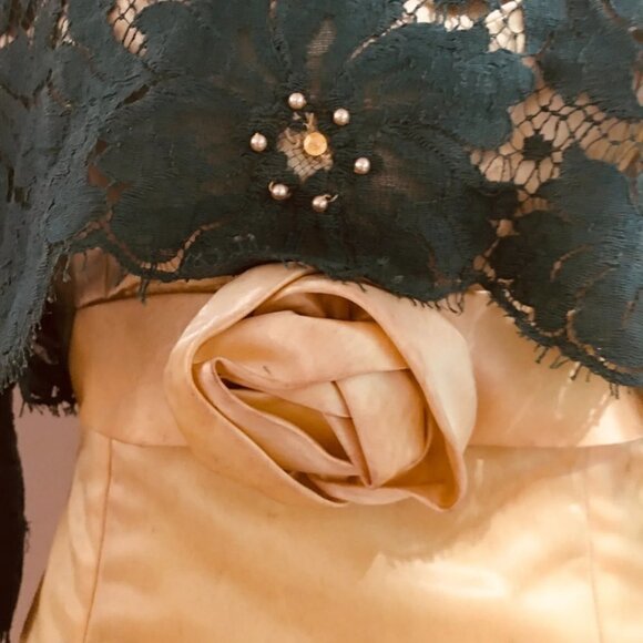 UNBRANDED Hand-Made Vintage 60s Green Lace Yellow Satin Beaded Fitted Dress XXS - Picture 6 of 14